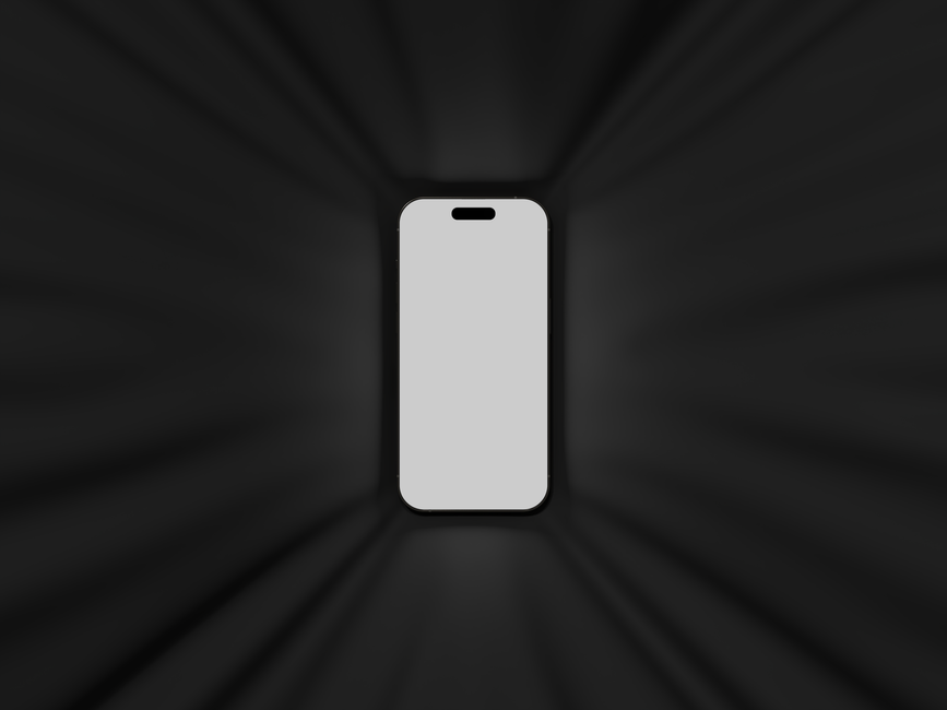 Minimalist image of a smartphone centered on a dark background with a radiant effect, highlighting modern technology.